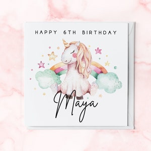 Carte d'anniversaire licorne aquarelle personnalisée de 6 ans | Carte d'anniversaire pour 6 ans avec prénom | Carte de voeux pour fille, petite-fille, nièce