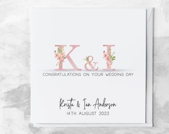 Wedding Day Initial Card | Simple Congratulations Wedding Day Card | Mr & Mrs Card | Couples Wedding Gift Greetings Card | Pink Floral Card
