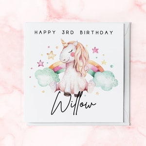 Personalised 3 Year Old Watercolour Unicorn Birthday Card | 3rd Birthday Card With Name | Greetings Card For Daughter, Granddaughter, Niece