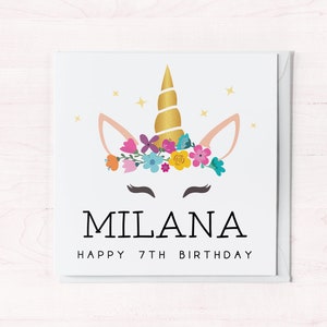 Carte Licorne personnalisée pour enfant de 7 ans | Carte 7e anniversaire avec nom | Carte de voeux pour fille, petite-fille, nièce, filleule