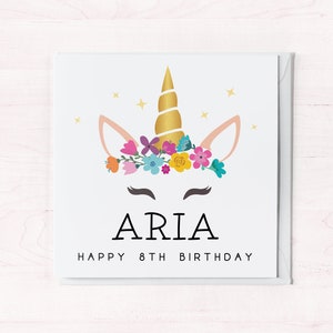 carte personnalisée licorne pour enfant de 8 ans | 8e anniversaire avec prénom | Carte de voeux pour fille, petite-fille, nièce, filleule