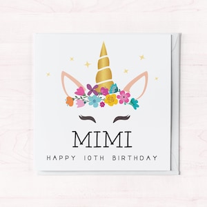 carte personnalisée licorne pour enfant de 10 ans | Carte 10e anniversaire avec nom | Carte de voeux pour fille, petite-fille, nièce, filleule