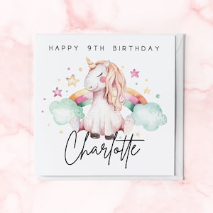 Carte d'anniversaire licorne aquarelle personnalisée de 9 ans | 9e anniversaire avec prénom | Carte de voeux pour fille, petite-fille, nièce