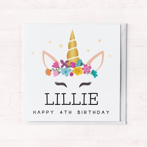 Personalised Unicorn Card For 4 Year Old | 4th Birthday Card With Name | Greetings Card For Daughter, Granddaughter, Niece, Goddaughter