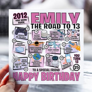 13e anniversaire pour fille | Carte La route des 13 | Carte Né en 2012 | carte postale pour fille, nièce, petite-fille, soeur | Faits à 13 ans