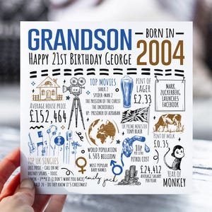 21e anniversaire pour petit-fils | Né en 2004 Fiche d'information pour petit-fils | 21e petit-fils | Carte de 21 ans pour lui | 21e petit-fils cadeau