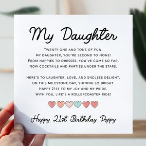 Carte d'anniversaire pour fille | 21e anniversaire de fille | Jolie carte poème pour elle | Carte d'anniversaire de 21 ans de la part du coeur pour fille, fille