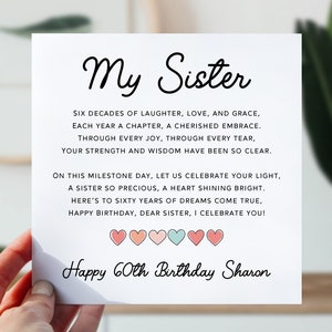 60e carte d'anniversaire pour soeur | Soeur 60e anniversaire carte | Jolie carte poème pour elle | Carte d'anniversaire de 60 ans du coeur pour soeur, soeur