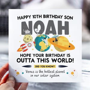 10th Birthday Card Space Theme | Rocket Card for Son, Daughter, Grandson, Niece, Nephew | Fun Outer Space Fact Name Card | 10 Year Old Gift
