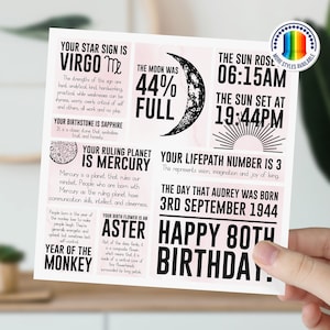 Carte 80e anniversaire pour elle, femmes, maman, tante, grand-mère | Carte d'information sur l'astrologie lunaire | de signe astrologique personnalisée | Carte d'anniversaire jalon