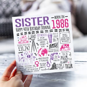 Tarjeta de cumpleaños número 40 para hermana / Nacida en 1986 Tarjeta con datos para hermana / Tarjeta de 40 años para hermana / Tarjeta de 40 años para ella / Regalo de 40 años para hermana imagen 1