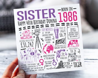 40th Birthday Card For Sister | Born in 1986 Facts Card for Sis, Sister | Sister 40th Card | 40 Year Old Card For Her | 40th Gift For Sis
