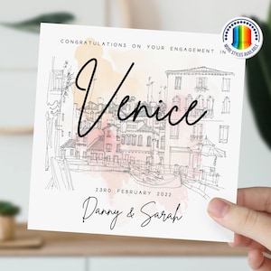 carte personnalisée de fiançailles de Venise | Fiançailles pour couples | Fiancées à Venise | Félicitations pour vos fiançailles | Aquarelle de Venise