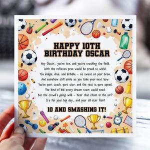 10e anniversaire pour garçon sportif | Carte poème drôle pour fils, petit-fils, neveu | Carte d'anniversaire personnalisée pour enfants | Thème sportif de football