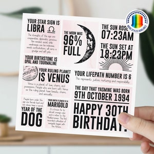 Carte 30e anniversaire pour elle, femmes, fille, épouse, soeur | Carte d'information sur l'astrologie lunaire | de signe astrologique personnalisée | Ami de la carte Milestone