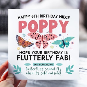 Carte d'anniversaire pour filles | Carte d'anniversaire papillon pour fille, petite-fille, nièce, soeur | Carte animalière mignonne d'information | Carte de 6 ans