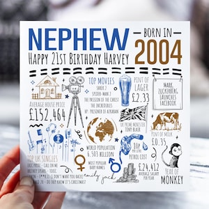 Carte 21e anniversaire pour neveu | Né en 2004 Fiche d'information pour neveu | Neveu 21e carte | Carte de 21 ans pour lui | 21e cadeau arrière-neveu