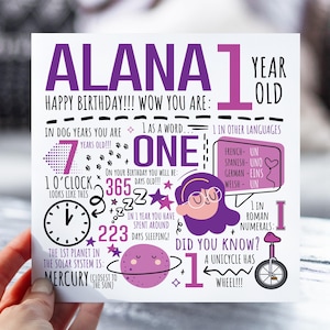 Carte d'anniversaire personnalisée pour fille | Carte d'anniversaire pour fille, nièce, soeur, petite-fille | Carte d'un an | Fiche d'information