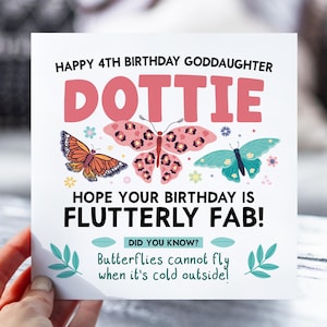 Carte 4e anniversaire fille | Carte d'anniversaire papillon pour fille, petite-fille, nièce, soeur | Carte animalière mignonne d'information | Carte de 4 ans