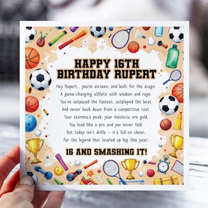16e anniversaire pour garçon sportif | Carte poème drôle pour fils, petit-fils, neveu | Carte d'anniversaire personnalisée pour enfants | Thème sportif de football