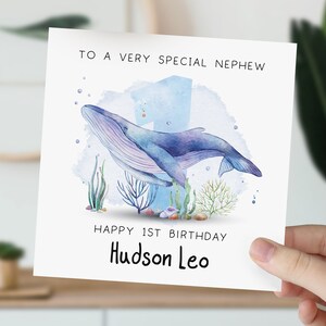Carte 1er anniversaire pour fils, petit-fils, neveu, frère | Carte de premier anniversaire pour bébé garçon | Carte personnalisée 1ère, 2e, 3e baleine bleue