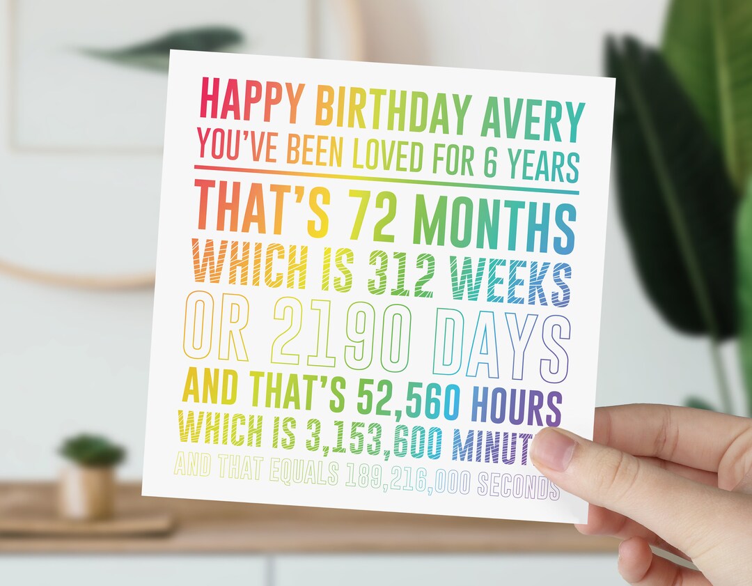 Rainbow Countdown 6th Birthday Card | Years, Months, Weeks, Days, Hours ...
