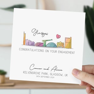Carte de fiançailles de Glasgow | Engagé dans la ligne d'horizon du Royaume-Uni | Félicitations pour vos fiançailles | Cadeau pour couple | Carte de mariage aquarelle Ecosse