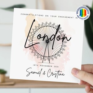 carte personnalisée de fiançailles de Londres | Cadeau pour couple | Fiancées à Londres | Félicitations pour votre carte de fiançailles | Aquarelle de Londres