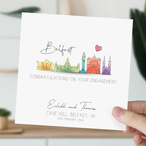 Carte de fiançailles de Belfast | Fiancés dans les toits de l'Irlande | Félicitations pour vos fiançailles | Cadeau pour couple | Carte de mariage aquarelle britannique