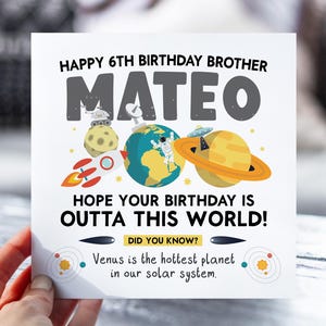 6th Birthday Card Space Theme | Rocket Card for Son, Daughter, Grandson, Niece, Nephew | Fun Outer Space Fact Name Card | 6 Year Old Gift