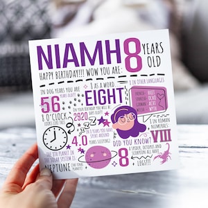 Personalised 8th Birthday Card For Girl | 8th Birthday Card For Daughter, Niece, Sister, Granddaughter | 8 Year Old Card | Fun Fact Card image 1