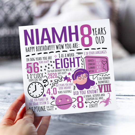 Personalised 8th Birthday Card For Girl | 8th Birthday Card For Daughter, Niece, Sister, Granddaughter | 8 Year Old Card | Fun Fact Card