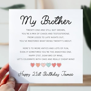 Carte d'anniversaire pour frère | Carte d'anniversaire de frère | Jolie carte de poème pour lui | Du coeur 21 carte d'anniversaire pour frère, frère