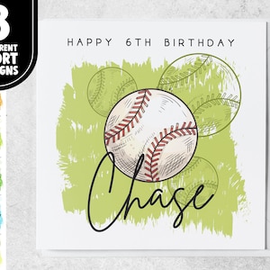 6e anniversaire sur le thème du sport | Carte de baseball personnalisée de 6 ans pour fils, petit-fils, frère, neveu | Carte de sixième anniversaire pour amateur de sport