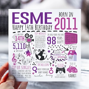 Carte d'anniversaire personnalisée pour elle | né en 2011 carte de vœux | Carte de 14 ans pour fille, petite-fille, nièce, soeur