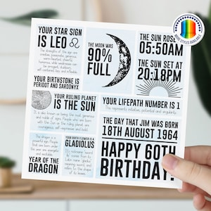 Carte 60e anniversaire pour lui, hommes, papa, grand-père, oncle | Carte d'information sur l'astrologie lunaire | de signe astrologique personnalisée | Carte d'anniversaire jalon