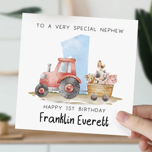 Carte 1er anniversaire pour fils, petit-fils, neveu, frère | Carte de premier anniversaire pour bébé garçon | Carte personnalisée 1er, 2e, 3e animal de la basse-cour