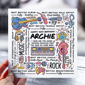 16e anniversaire de musique personnalisée | Fiche d'information 2009 pour fils, fille, petit-fils, petite-fille, neveu | Carte amusante pour adolescent de 16 ans