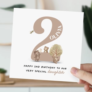 Carte d'anniversaire pour petite fille, fille, nièce, petite-fille | Carte mignonne d'ours brun | Carte personnalisée animal de deux ans pour elle