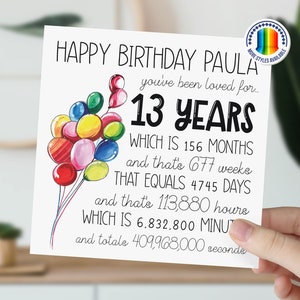 13e anniversaire personnalisée | Ballon de 13 ans | Carte Joyeux 13e anniversaire pour garçon, fille | Fils, fille, petit-fils, petite-fille