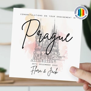 carte personnalisée de fiançailles de Prague | Cadeau pour couple | Fiancée à Prague| Félicitations pour votre carte de fiançailles | Aquarelle tchèque