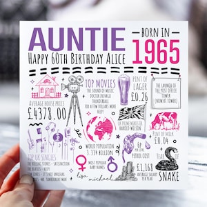 Carte du 60e anniversaire pour tante, tante | Né en 1965 Fiche d'information pour tante | 60e carte pour tante | Carte de 60 ans pour elle, tante | 60e cadeau