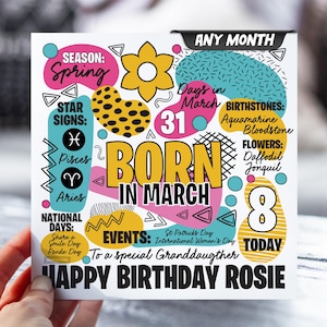 Carte d'anniversaire pour fille | pour enfant de 8 ans | N'importe quel mois | Carte d'informations sur le zodiaque pour enfants | Carte pour fille, petite-fille, nièce