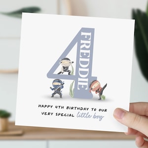 4e anniversaire pour petit garçon, fils, neveu, petit-fils, filleul | Jolie carte Ninja pour enfant de quatre ans | Carte personnalisée pour garçon de 4 ans