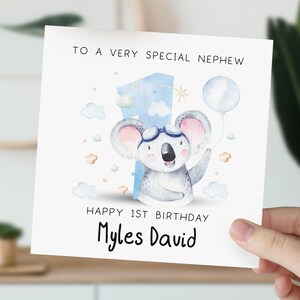 Carte 1er anniversaire pour fils, petit-fils, neveu, frère | Carte de premier anniversaire pour bébé garçon | Carte de voeux personnalisée 1er, 2e, 3e koala