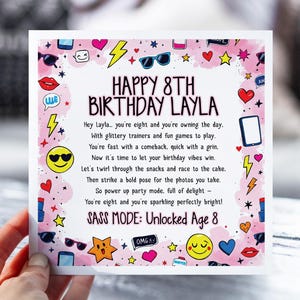 8e carte d'anniversaire pour fille impertinente | Carte poème drôle pour fille, petite-fille, nièce | Carte d'anniversaire personnalisée Kids Attitude pour 8 ans