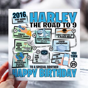 9e anniversaire pour garçon | La route vers 9 | Carte Né en 2016 pour garçon | pour fils, neveu, petit-fils, frère | Fiche d'information de 9 ans