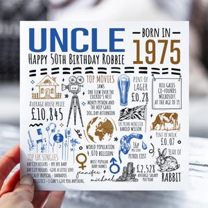 50e anniversaire pour oncle | Né en 1975 Fiche d'information pour oncle | Oncle 50e carte | Carte de 50 ans pour lui | 50e cadeau pour oncle