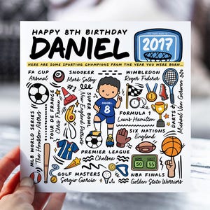 d'anniversaire personnalisée pour garçon | Carte d'infos sportives pour fils, neveu, frère, petit-fils | Carte pour enfants de 8 ans | Carte d'anecdotes