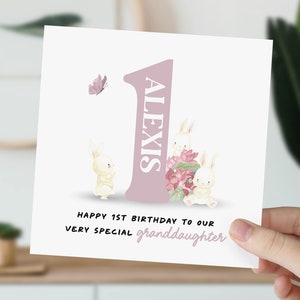 Carte 1er anniversaire pour petite fille, fille, nièce, petite-fille | Lapin mignon en fleurs | Carte personnalisée d'un an pour elle